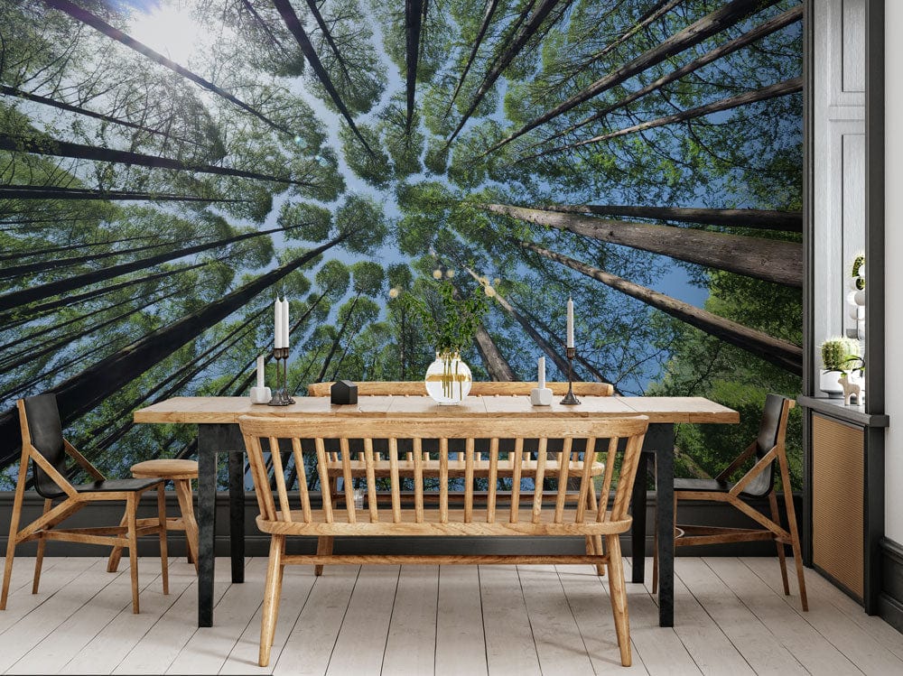 Forest Canopy Skyview wallpaper in dining room with wooden table, chairs, light wood flooring.