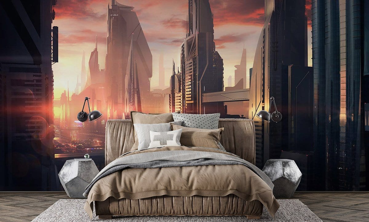 Futuristic Urban Landscape Mural, warm sunset, brown bed, hexagonal side tables, modern bedroom, grey rug.