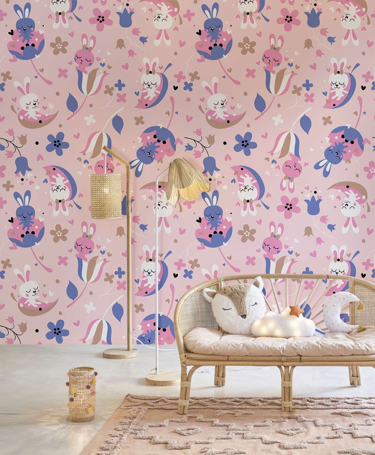 Whimsical Pink Bunny Floral Children's Wallpaper - Dreamy Pastel ...
