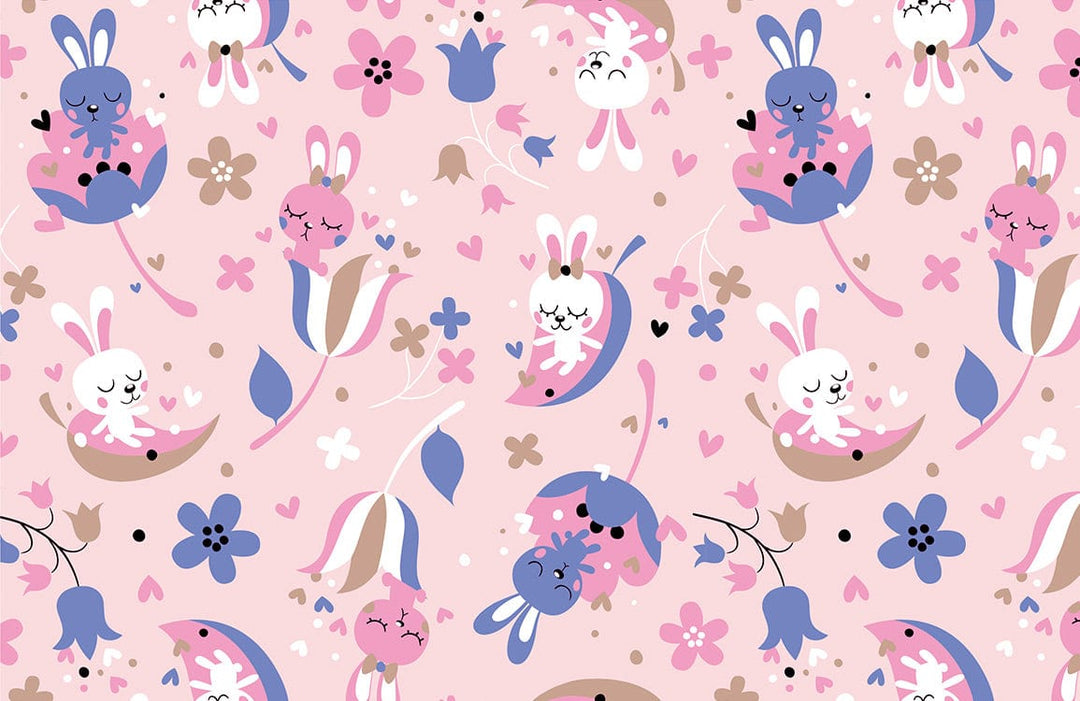 Whimsical Pink Bunny Floral Children's Wallpaper - Dreamy Pastel Nursery Design