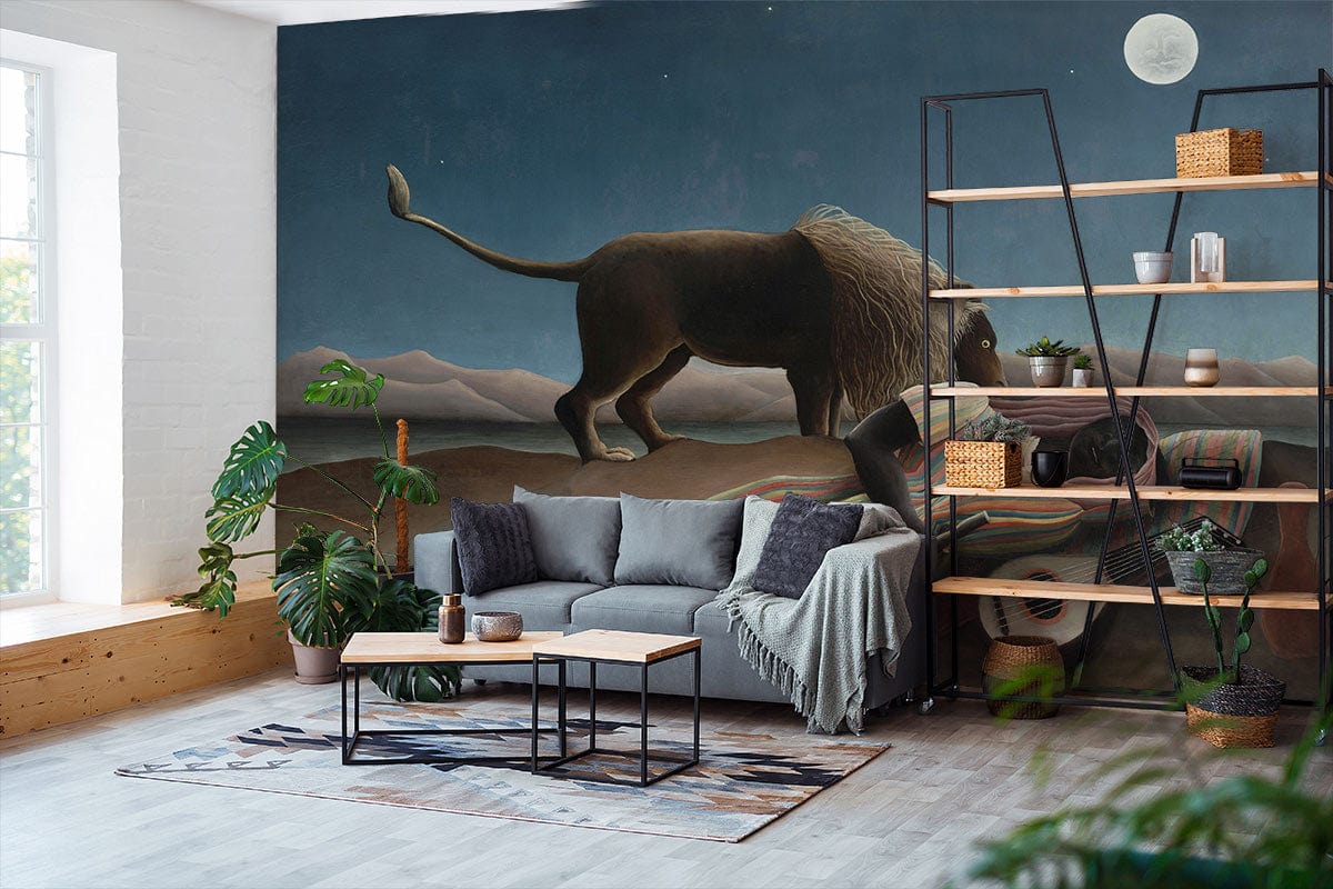 Elegant living room with Enchanting Night Serenade lion mural, grey sofa, wooden shelves, and modern flooring.
