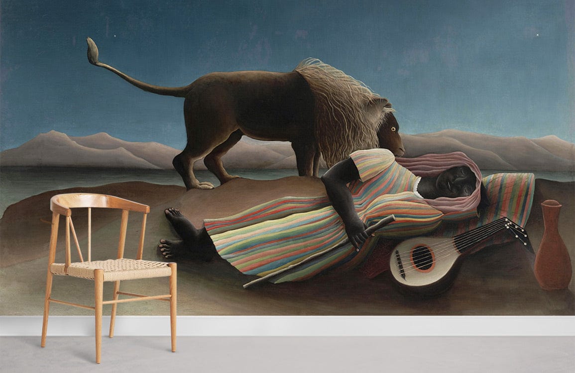 Chair with mural wallpaper featuring lion in moonlit landscape; Enchanting Night Serenade Mural, serene room.