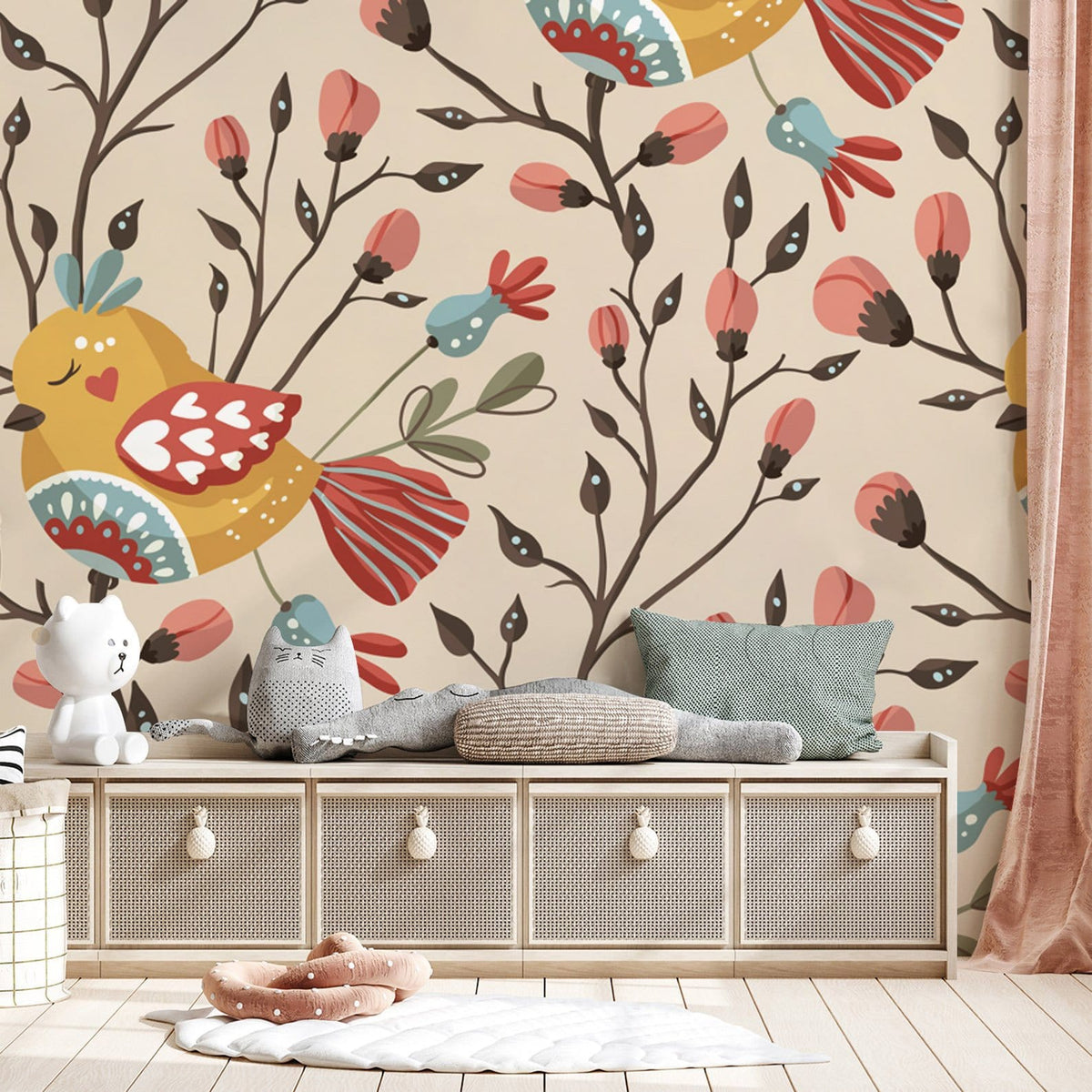 Charming Pastel Bird and Floral Pattern Wallpaper in cosy living room with muted fabric seating.