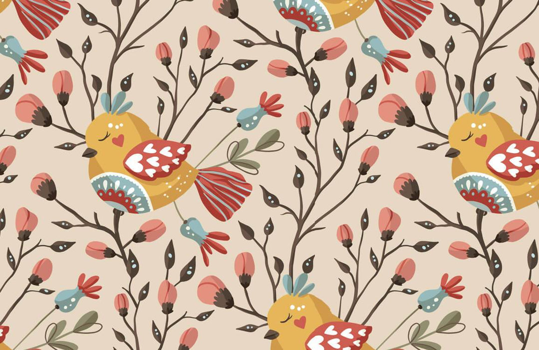 Charming Pastel Bird and Floral Pattern Wallpaper - Vintage Nature Design