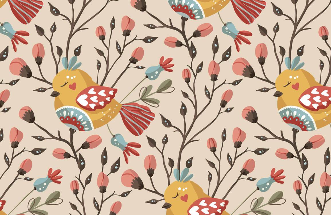 Charming Pastel Bird and Floral Pattern Wallpaper - Vintage Nature Design