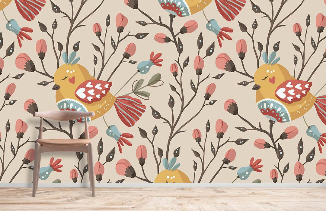 Charming pastel bird floral wallpaper, vintage design, with wooden chair, light wood flooring, lively decor.
