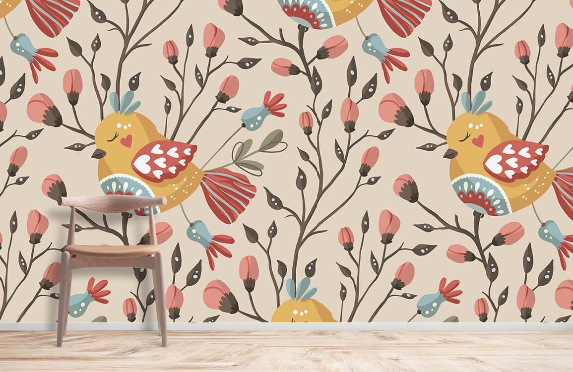 Charming pastel bird floral wallpaper, vintage design, with wooden chair, light wood flooring, lively decor.