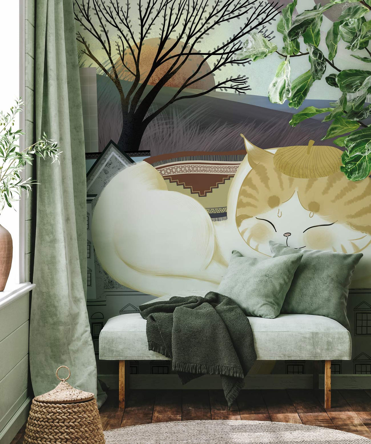 Whimsical cat mural wallpaper with pastel hues, featuring grey sofa, wooden flooring in a living room.
