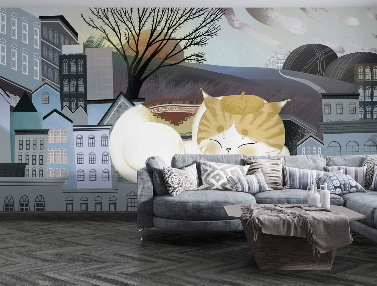 Urban dreamscape mural wallpaper featuring a whimsical cat with grey curved sofa, herringbone flooring.