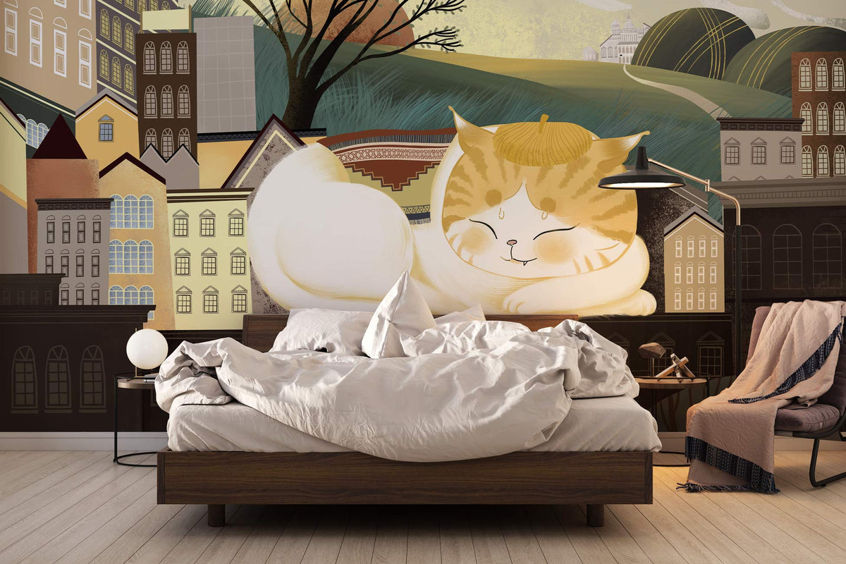 Cosy bedroom with Charming Feline mural, wooden bed, neutral bedding, rustic bedside table, and lamp.