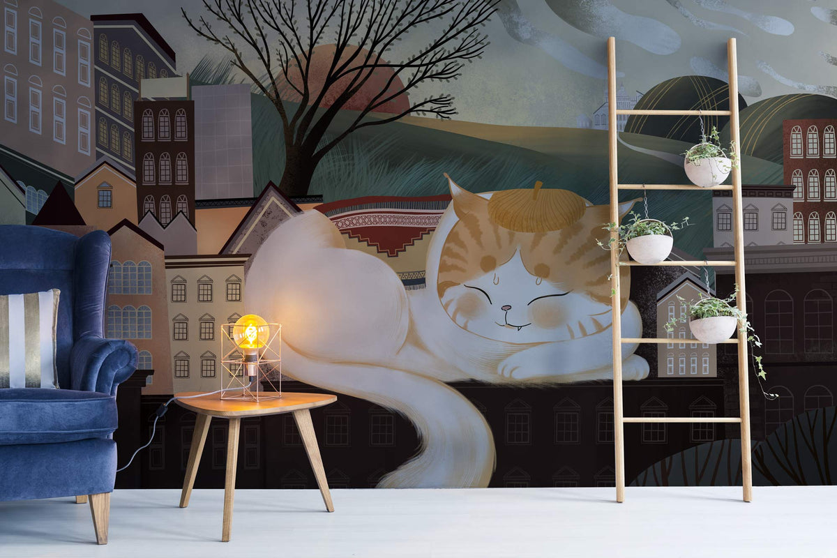 Charming Feline Autumn Mural Wallpaper, blue velvet sofa, wooden table, modern lamp, Scandinavian ladder shelf.