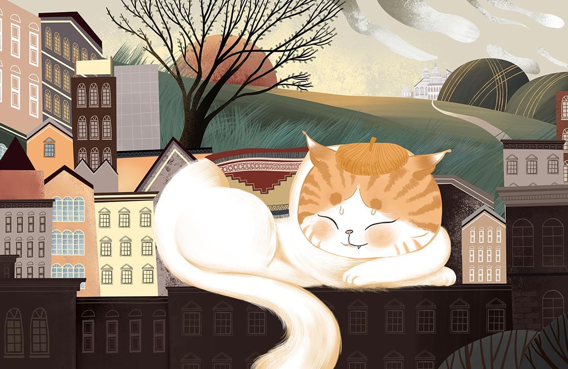 Charming Whimsical Cat Landscape Mural Wallpaper in Warm Earthy Tones