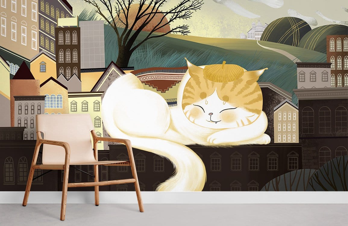 Charming Feline Autumn Landscape Mural Wallpaper in earthy tones with wooden chair, light grey flooring.