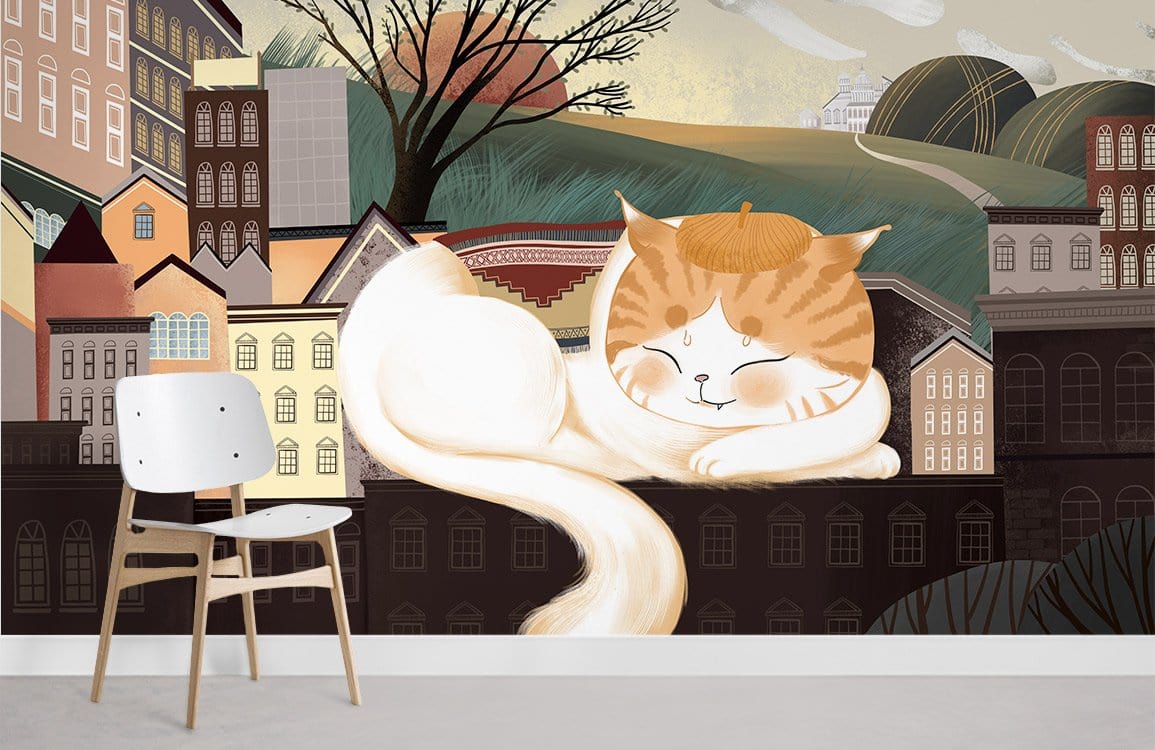 Charming mural wallpaper featuring whimsical cat, cityscape, minimalist chair, and light wooden flooring in lounge.