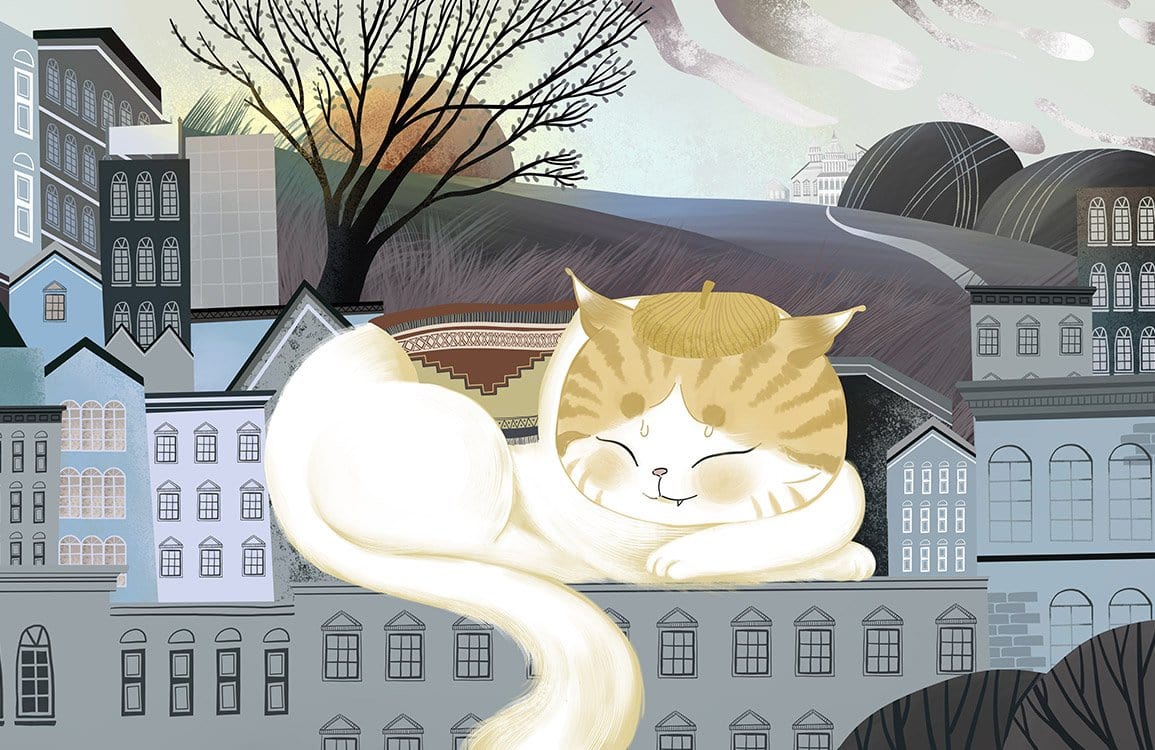 Whimsical Cat Napping in Urban Dreamscape Mural Wallpaper - Tranquil Pastel Tones