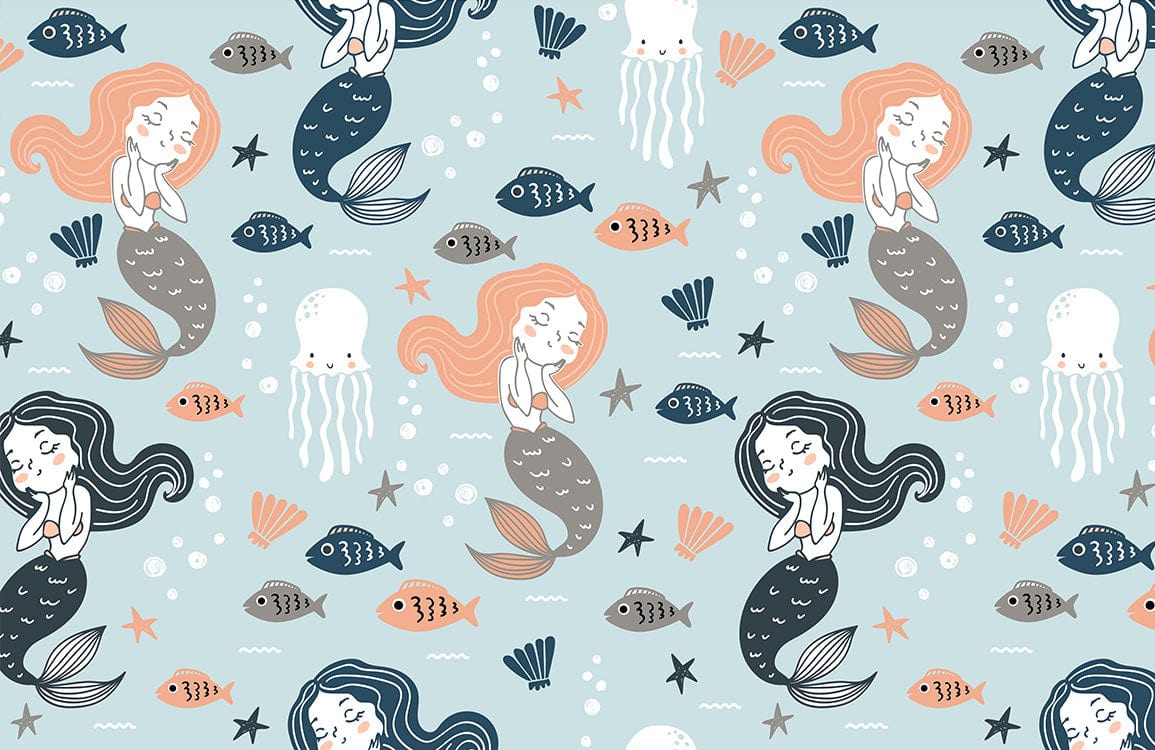 Whimsical Ocean Mermaid Pattern Wallpaper in Pastel Blue and Coral Tones