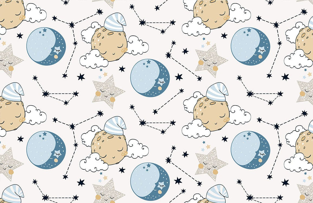 Nursery Dreamscape Moon and Stars Themed Children's Wallpaper in Blue and Beige