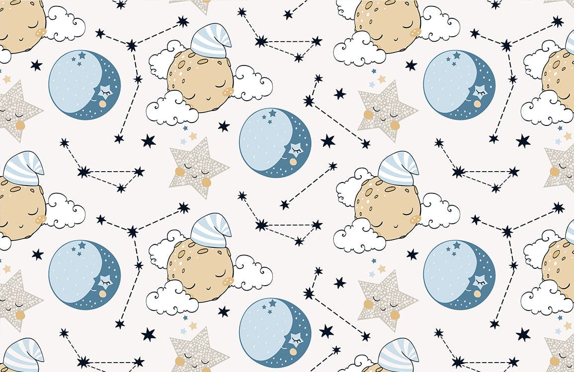 Nursery Dreamscape Moon and Stars Themed Children's Wallpaper in Blue and Beige