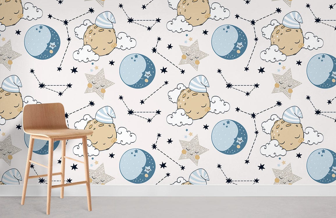 Nursery Dreamscape Moon Stars Children's Wallpaper, blue beige; wooden chair; nursery setting.