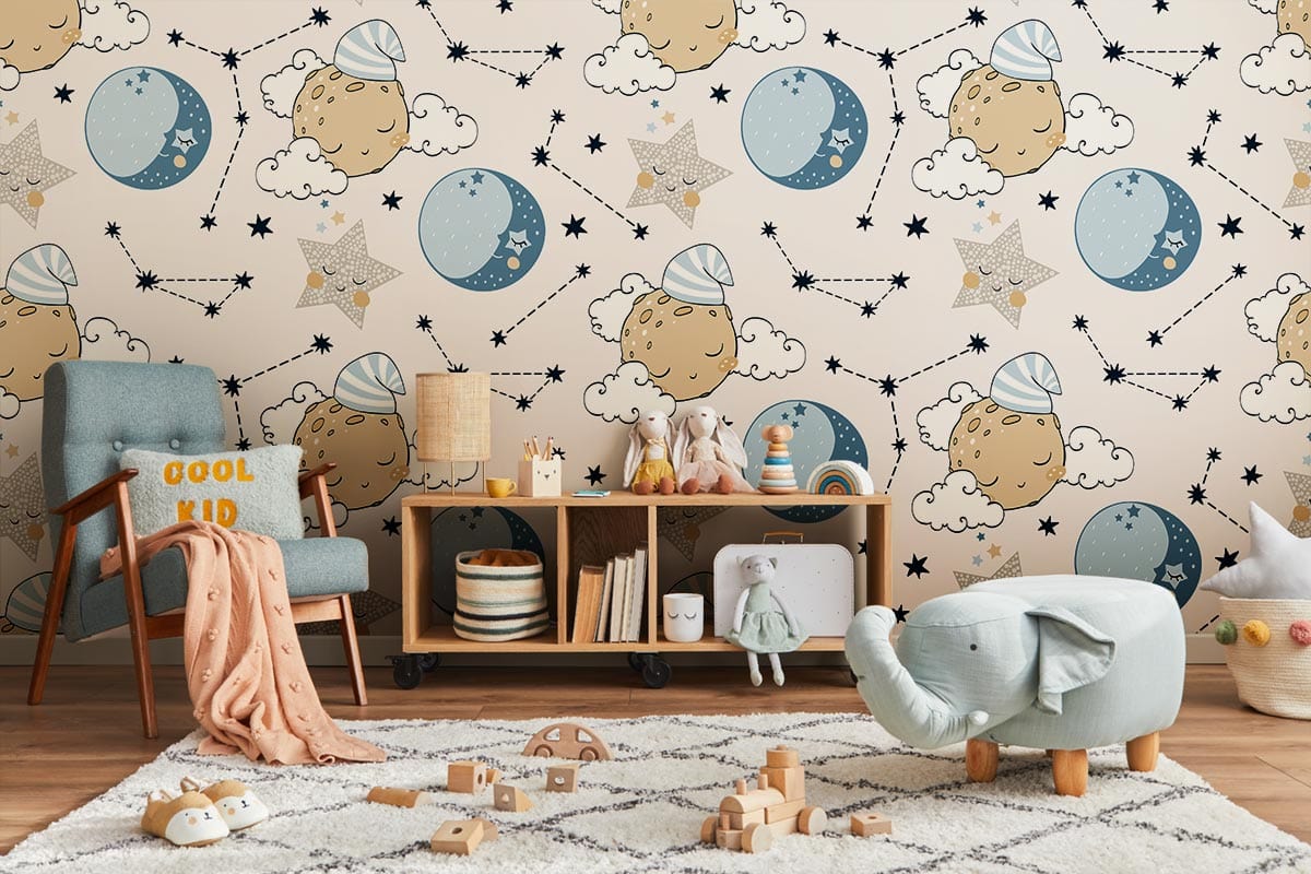 Nursery Dreamscape moon and stars wallpaper, blue armchair, wooden floor, children's room, plush elephant.