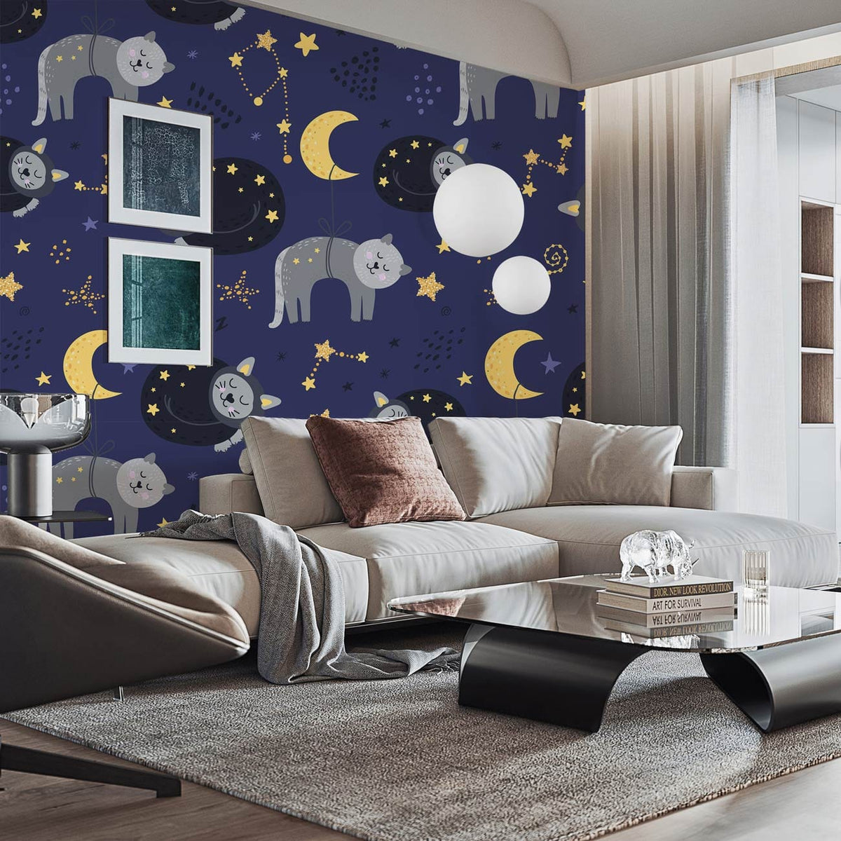 Dreamy Night Sky Cats Mural, navy blue wallpaper with gold stars, grey corner sofa, modern living room.