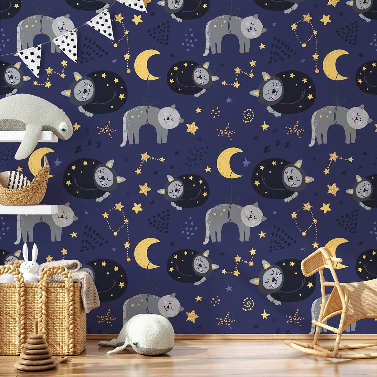 Dreamy Night Sky Cats Mural Wallpaper, navy blue and gold, nursery decor, wicker basket, wooden chair.