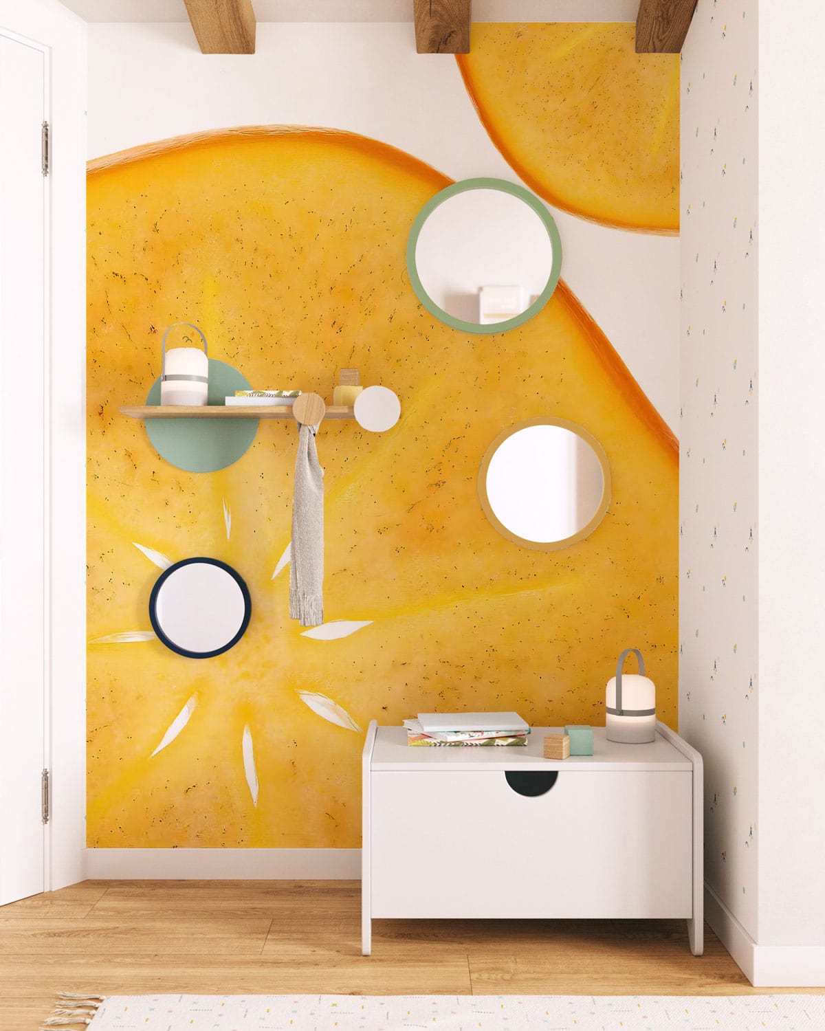 Golden Persimmon Slice Wallpaper in room with white furniture; natural wood flooring; circular mirrors.