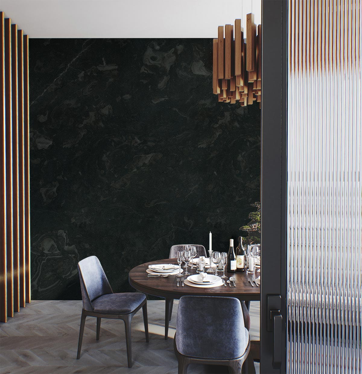 Luxurious interior with elegant charcoal marble effect wallpaper, stylish dining chairs, and modern chandelier.