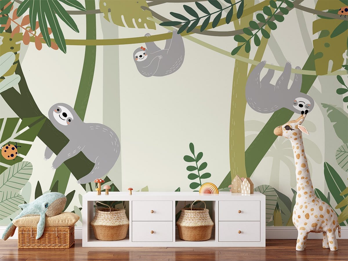 Enchanting Jungle Sloth mural wallpaper in children's room, with wicker baskets, white cabinet, and toy giraffe.