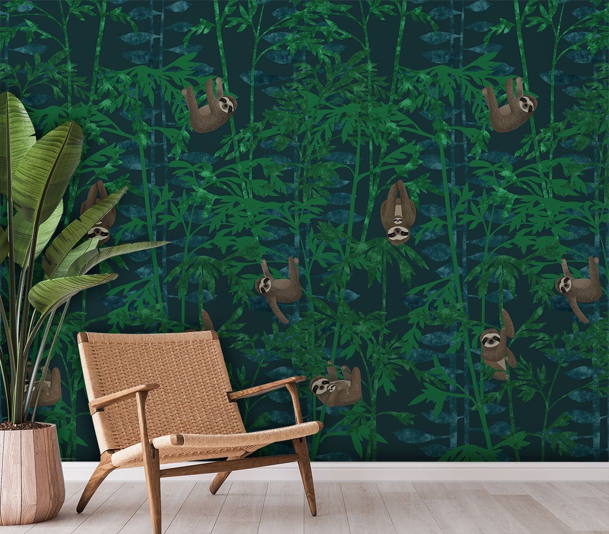 Green Jungle Sloth Pattern Wallpaper in tropical design with chair and wooden flooring in living room.