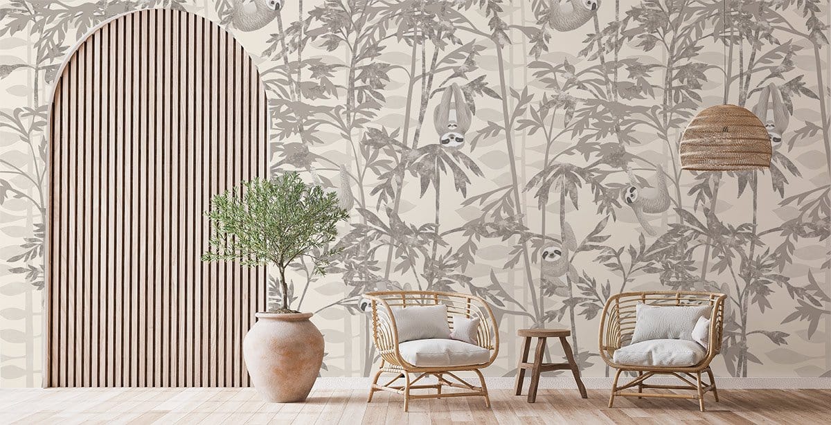 Tranquil Grey Jungle Sloth Wallpaper in living room with rattan chairs, wood flooring, and rustic decor.