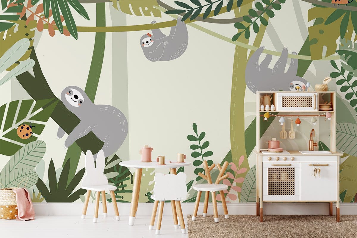 Enchanting Jungle Sloth Mural Wallpaper with tropical leaves, kids' playroom, white furniture, beige carpet.
