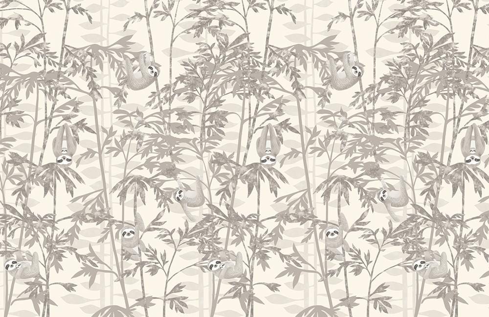 Tranquil Grey Jungle Sloth Wallpaper - Nature-Inspired Tropical Decor Design