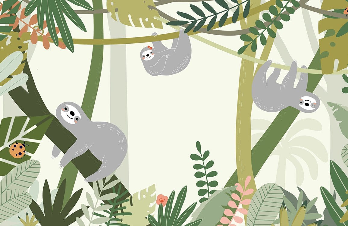 Enchanting Jungle Sloth Mural Wallpaper with Green Tropical Leaves Design