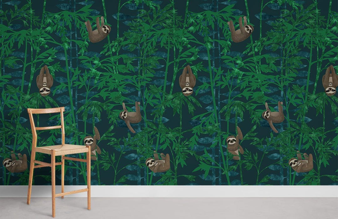 Green jungle sloth wallpaper with lush botanical design, minimal wooden chair, light grey flooring.