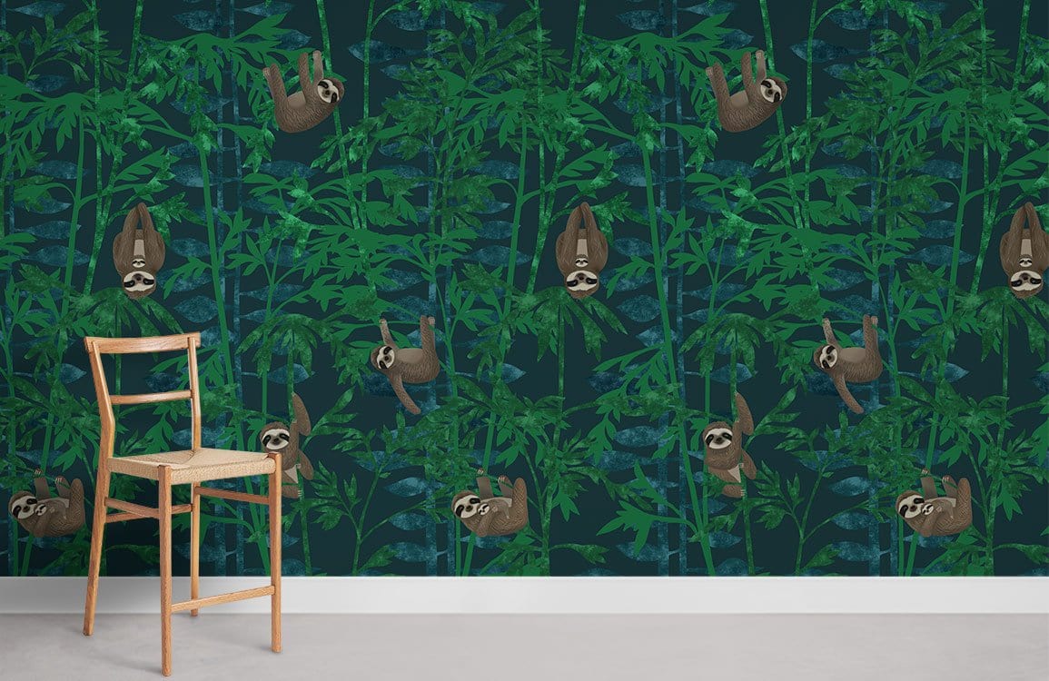 Green jungle sloth wallpaper with lush botanical design, minimal wooden chair, light grey flooring.