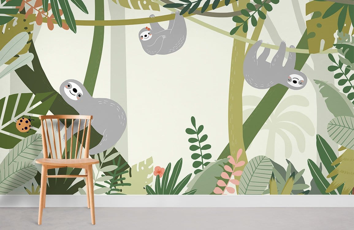Enchanting Jungle Sloth Mural with green tropical leaves, wooden chair, white skirting, grey flooring.