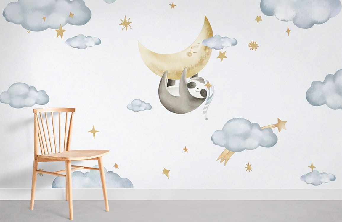 Dreamy Sloth wallpaper in pastel nursery with wooden chair and cloudy night sky decor.