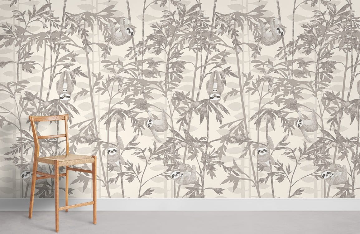 Tranquil Grey Jungle Sloth Wallpaper in nature-inspired decor design with wooden chair, white skirting.