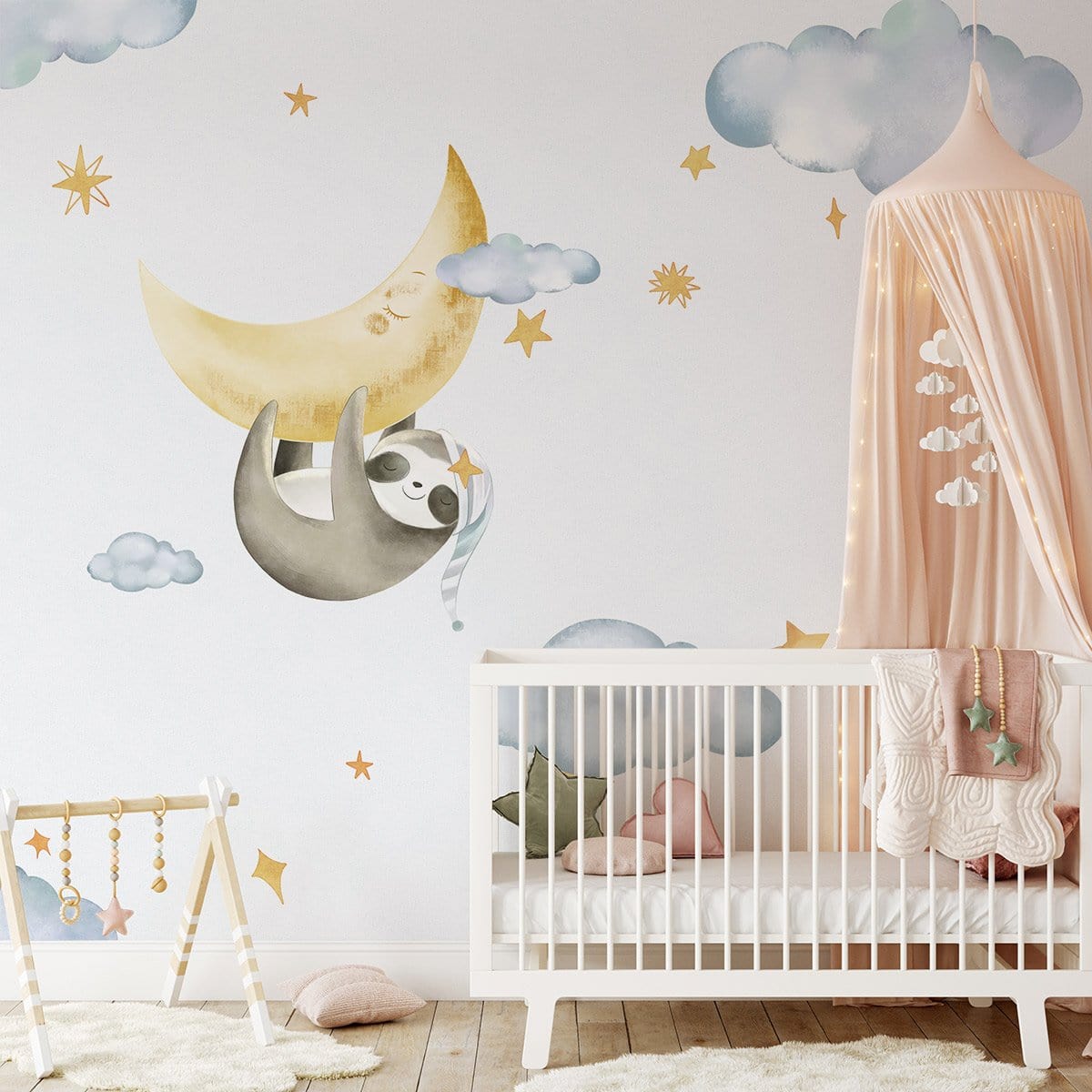 Dreamy sloth nursery wallpaper with pastel colours, featuring white crib, canopy, and playful decor.