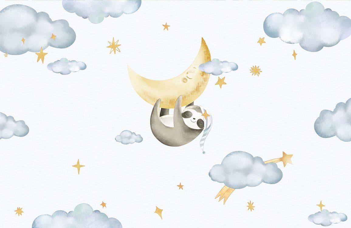 Dreamy Sloth Night Sky Mural Wallpaper - Soft Pastel Nursery Design