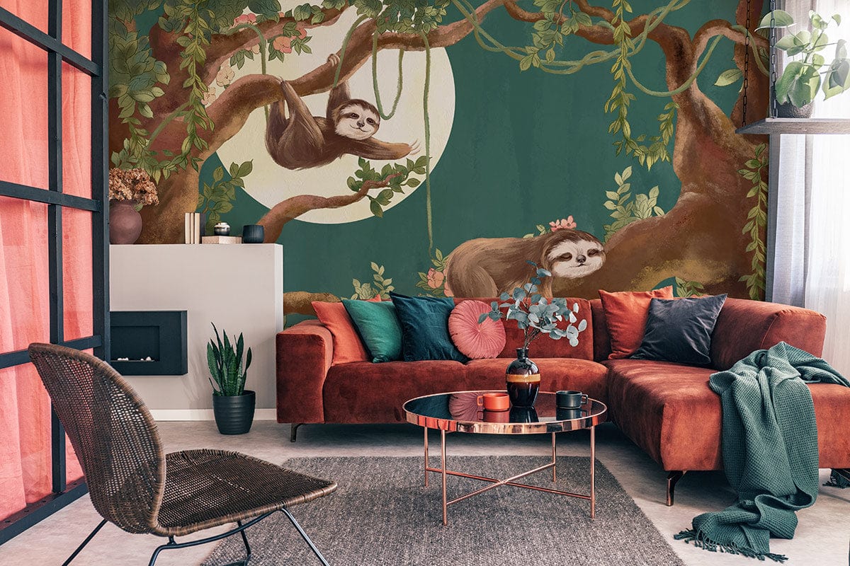 Enchanting Sloth Jungle Mural Wallpaper, moonlit greenery, orange sofa, modern living room, grey flooring.