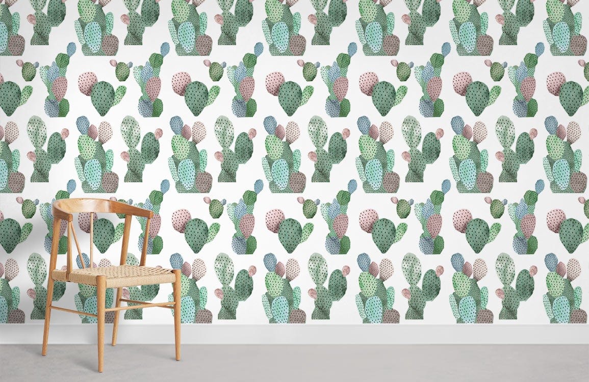 Colourful cactus garden mural wallpaper, chairs, grey flooring, contemporary room design with botanical desert theme.