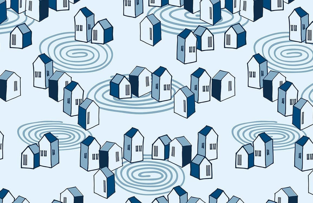 Charming Blue Geometric Houses Contemporary Patterned Wallpaper for Modern Interiors