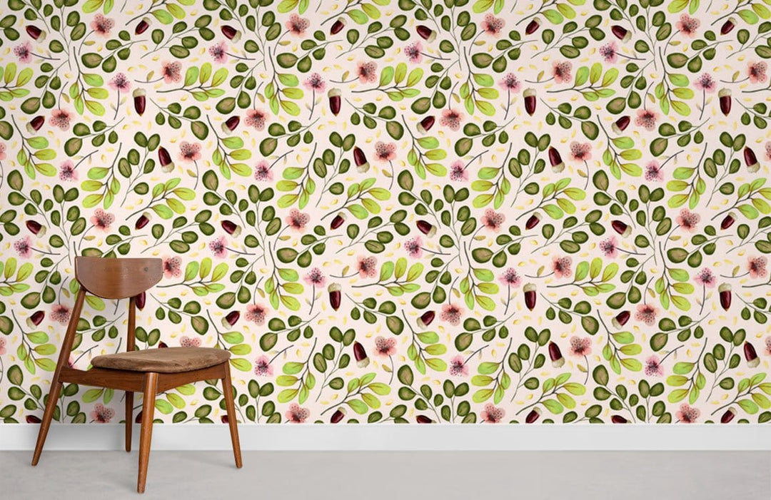 Botanical Bliss green leaf floral wallpaper, wooden chair, neutral flooring, nature-inspired design for living room.