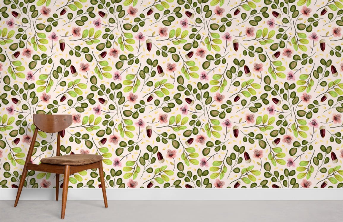 Botanical Bliss green leaf floral wallpaper, wooden chair, neutral flooring, nature-inspired design for living room.