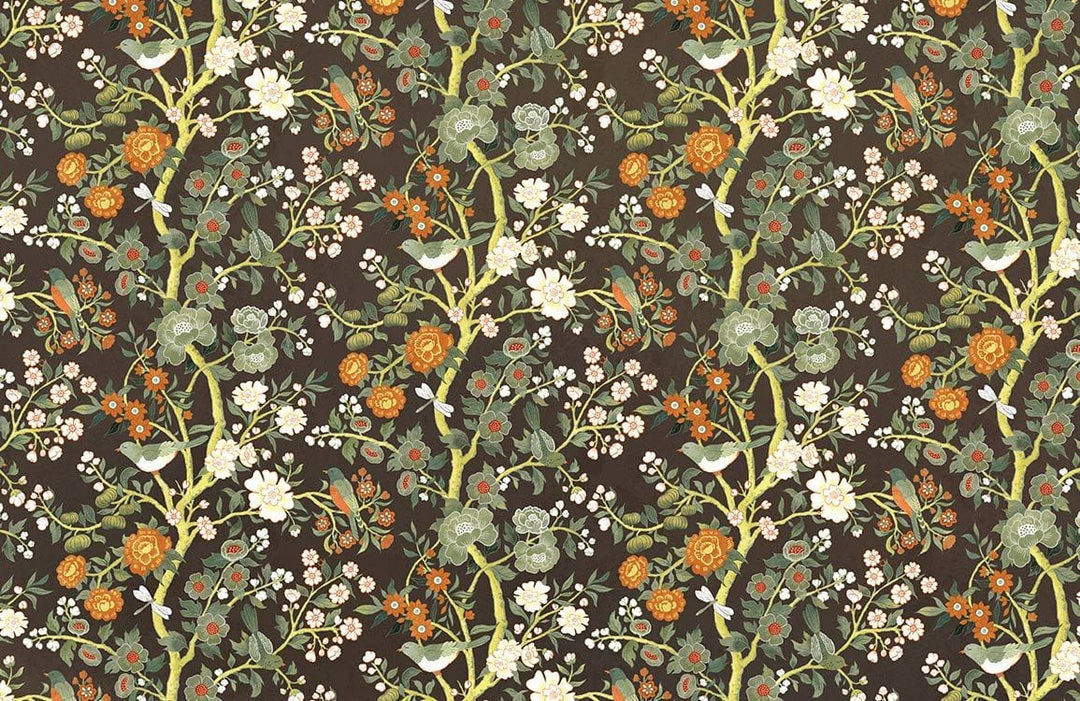 Vintage Botanical Floral Wallpaper with Birds, Dark Earthy Tones, Victorian Style