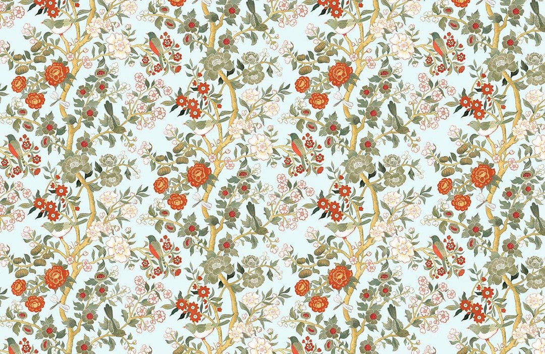 Vintage Floral Garden Wallpaper with Red and Green Botanical Pattern