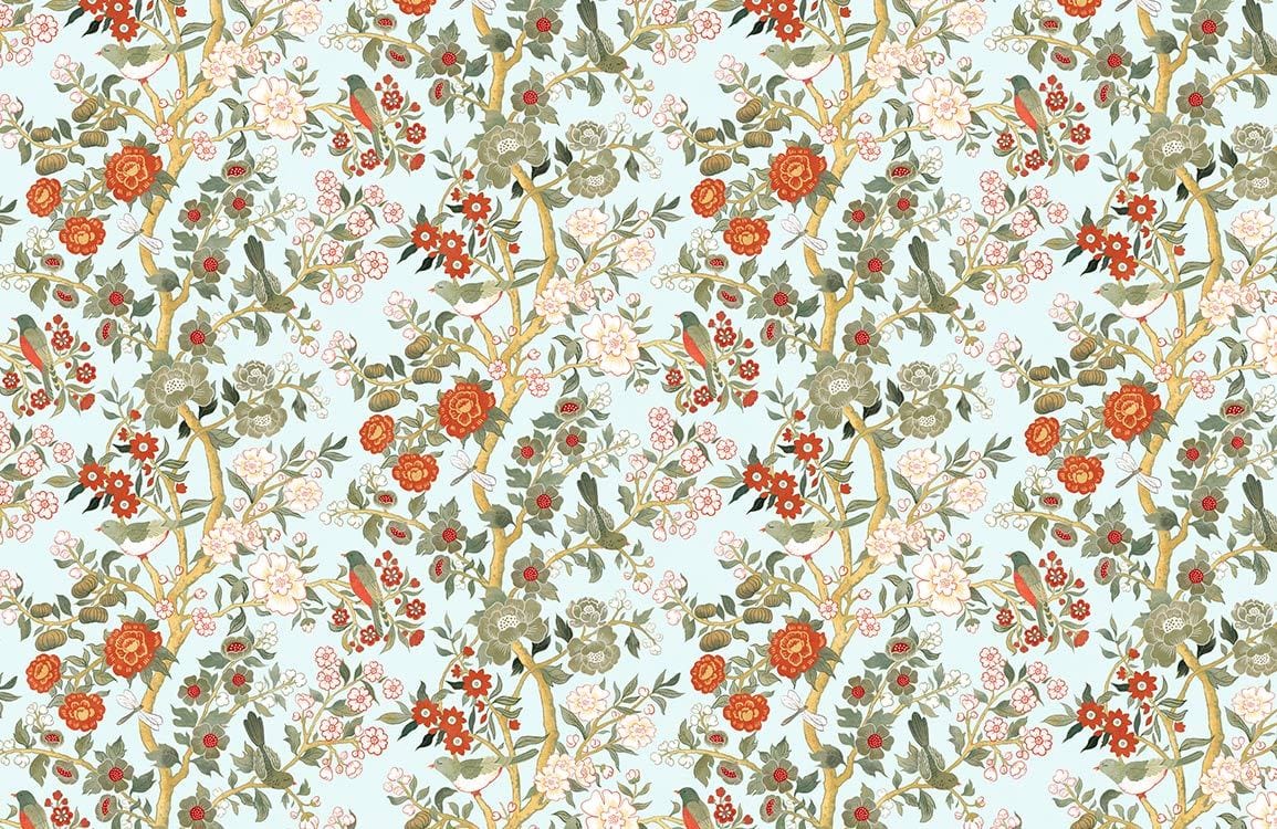 Vintage Floral Garden Wallpaper with Red and Green Botanical Pattern