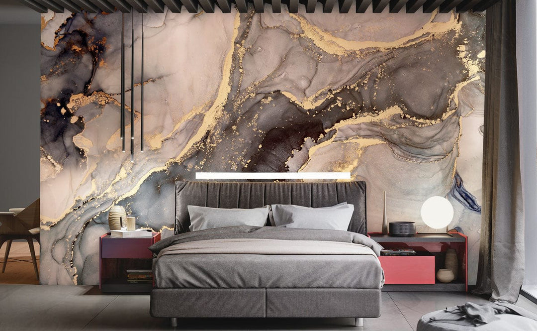 Luxury gold and grey marble wallpaper in stylish bedroom; grey bed, modern lighting, elegant decor.